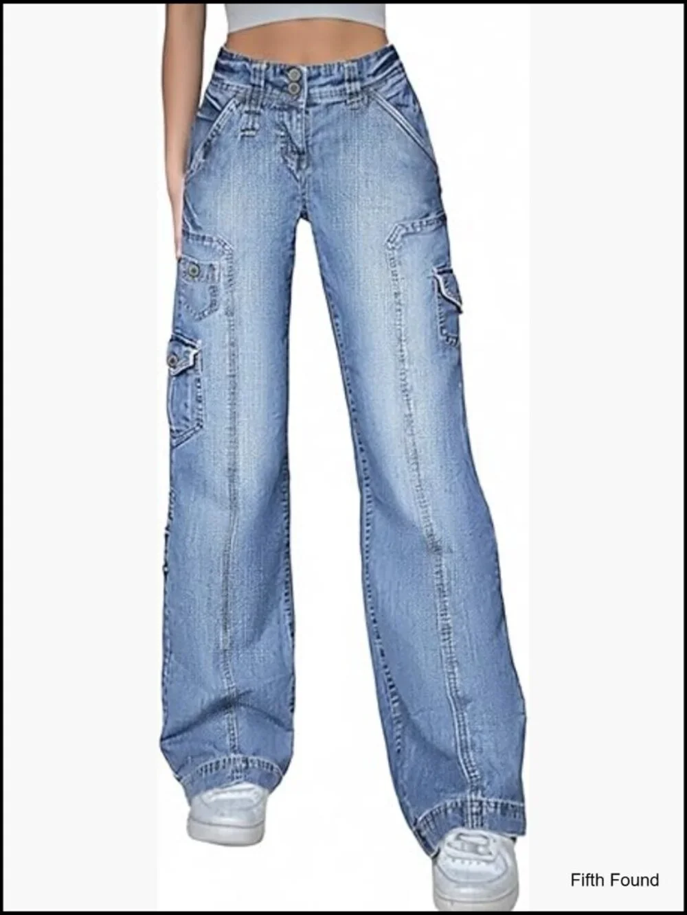Stretchy Wide Leg Cargo Jeans with Pockets High Rise Casual Trousers
